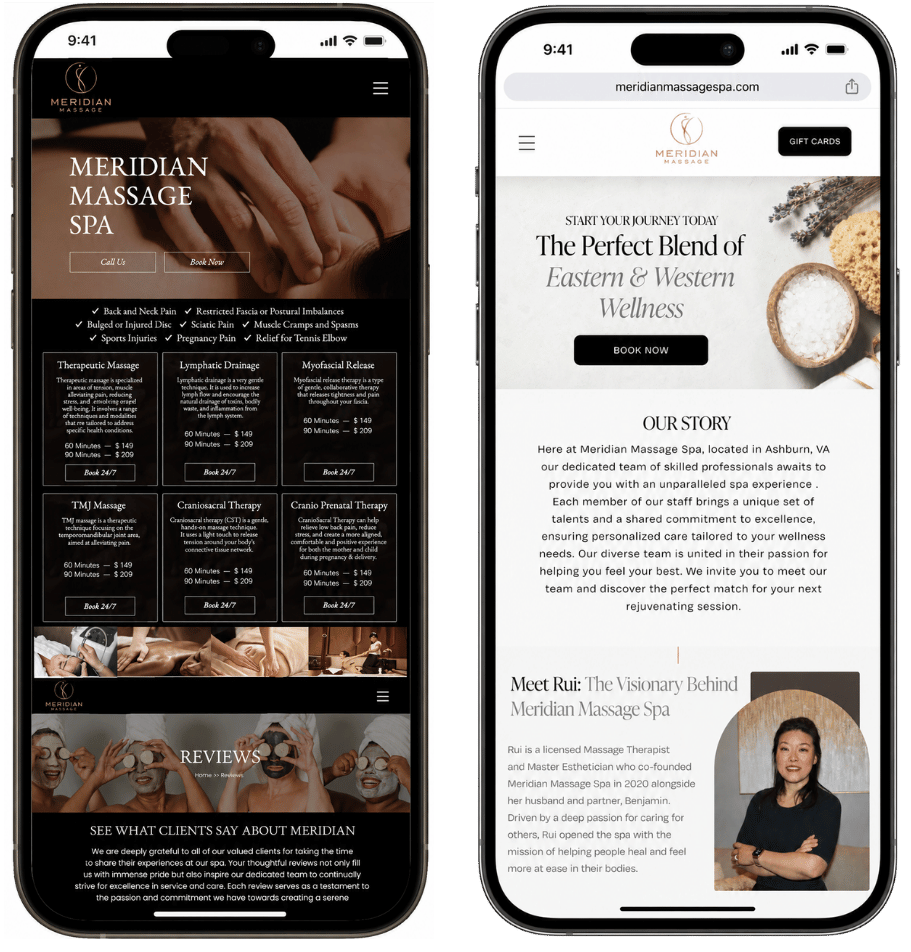 Meridian Massage Spa mobile website before and after redesign comparison