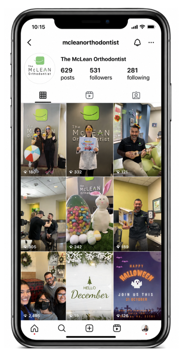The McLean Orthodontist Instagram feed shown on a phone